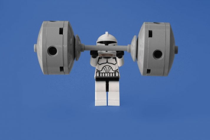 This stromstrooper is lifting weights to grow muscle and strength.