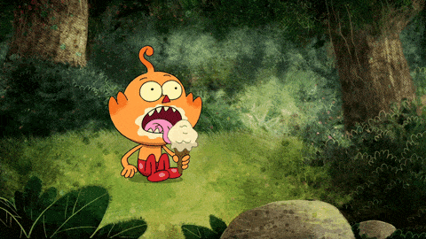 This gif shows a cartoon eating ice cream and losing his scope. Bummer.